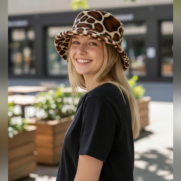 UO Gia Furry Leopard Bucket Hat Giraffe Brown Black Safari L One Size Fits Most - Picture 11 of 16